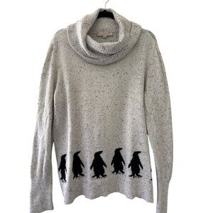 LOFT Gray Speckled Cowl Neck Sweater With Black Penguin Print XL Blend Winter